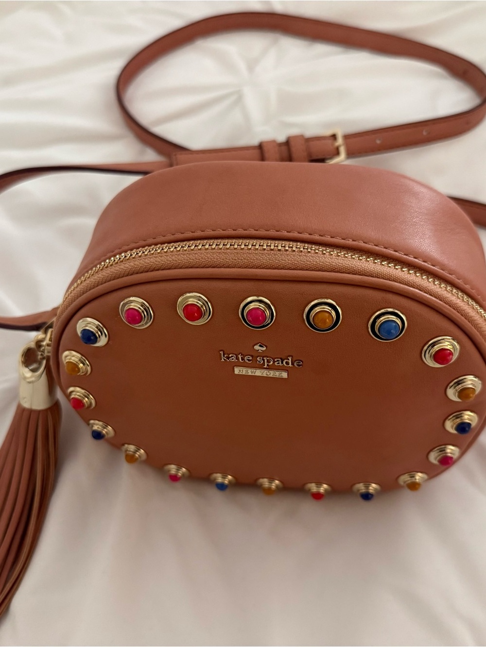 kate spade Tan Leather Crossbody with Multicolor Stud Accents